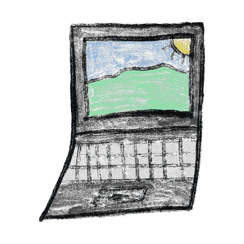 Hand-drawn illustration of a laptop showing a landscape
