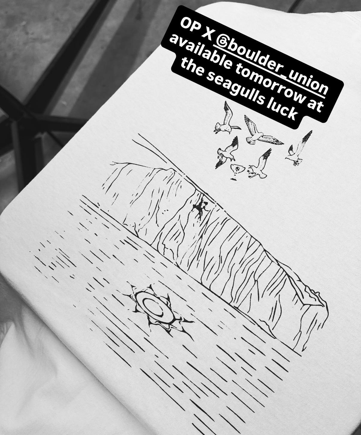 Boulder Union x Open Project: Inaugural Seagulls Luck competition tee. Detailed line art illustration, design and print collab