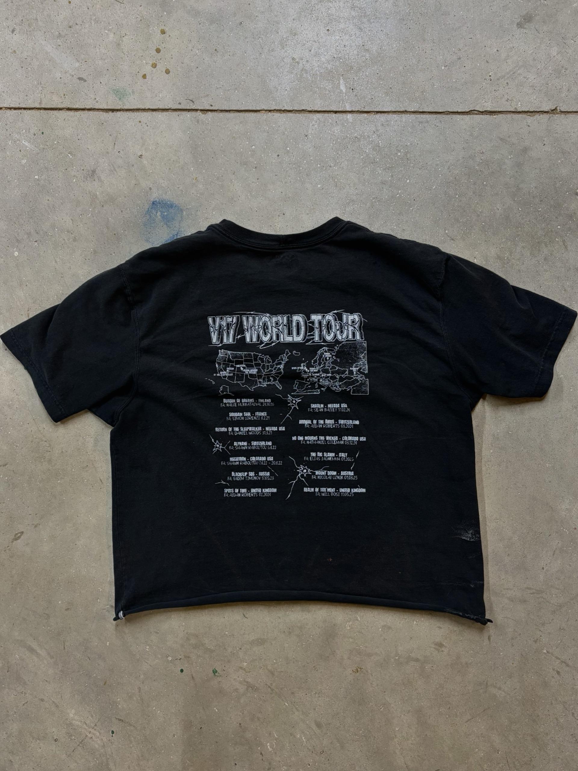Ninety Nine Strength: V17 World Tour back print. High-detail 1-color distressed graphic on black crop tee