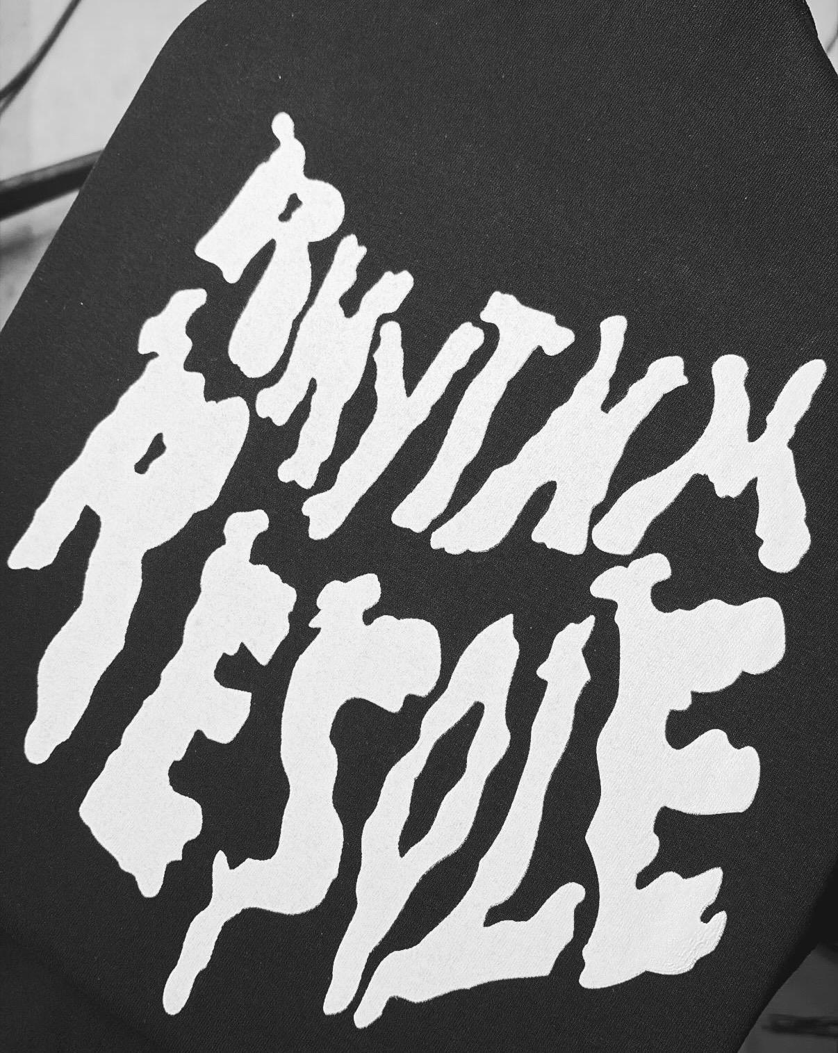 Rhythm Resole x Open Project: 1-color drip-type graphic, both sides. Open Project collaboration